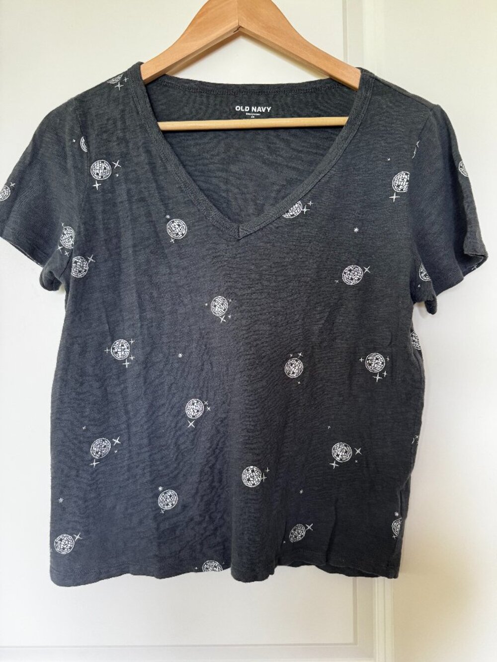 Old Navy Disco Ball Graphic Tee XS | Charcoal Gray V-Neck Sparkle Print